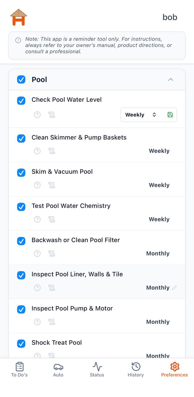 HUT app: preferences with tasks, intervals, and category options