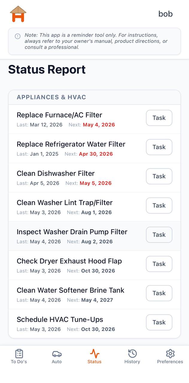 HUT app: status report with last and next dates for home maintenance tasks