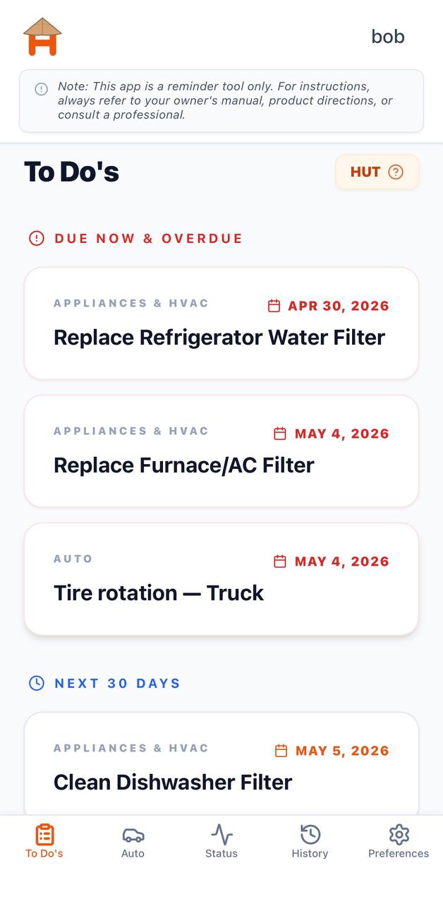HUT app: To Do list with due now, overdue, and upcoming maintenance tasks