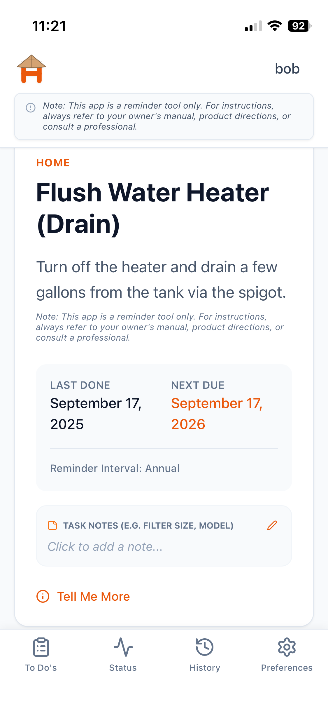 HUT app: task detail with schedule, notes, and complete action